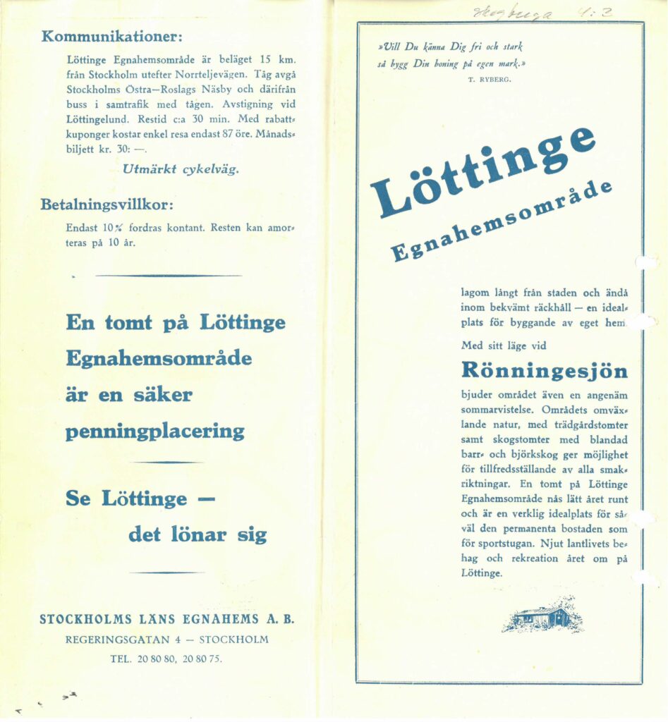 Reklam för att köpa villatomter i Löttinge Täby 1930-tal