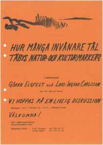 Affisch med inbjudan till diskussion om hur många invånare Täby tål 1979