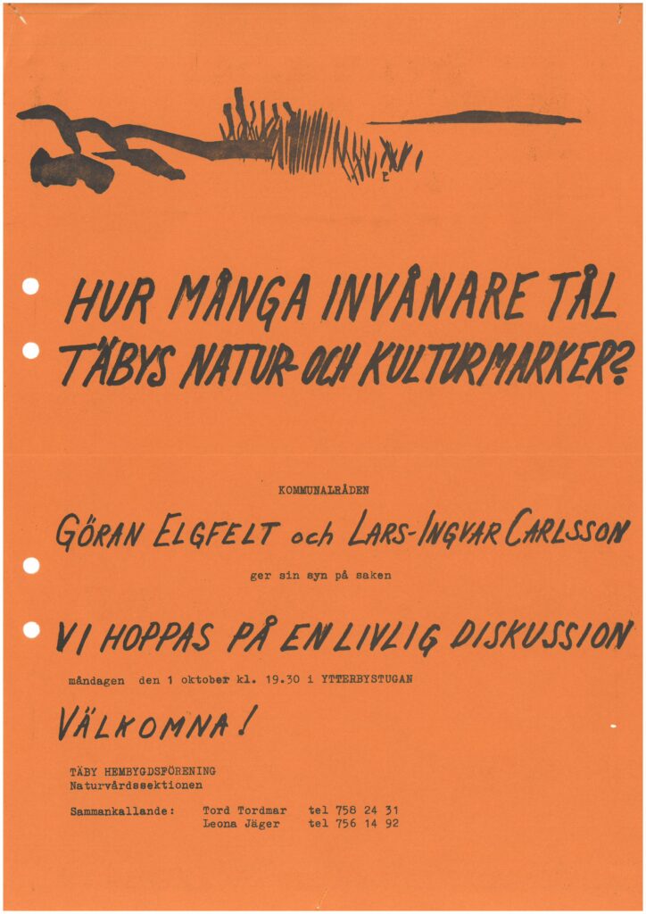 Affisch med inbjudan till diskussion om hur många invånare Täby tål 1979