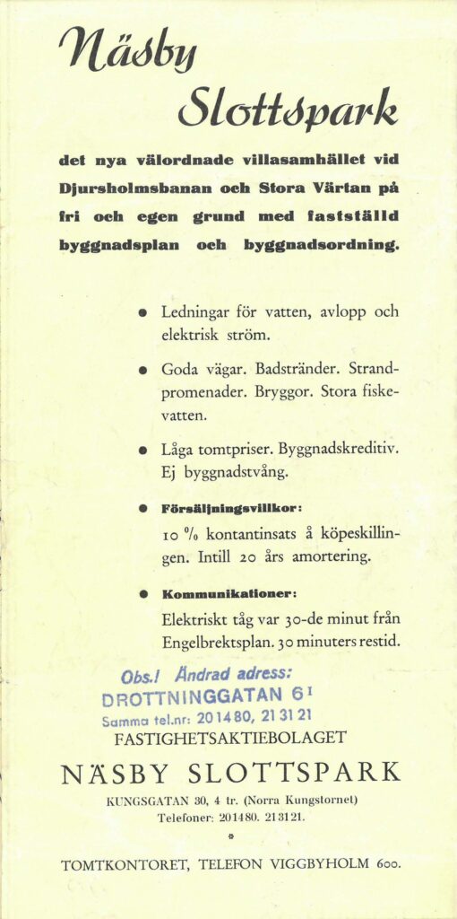 Reklam för att köpa en tomt i Näsby Slottspark, 1935