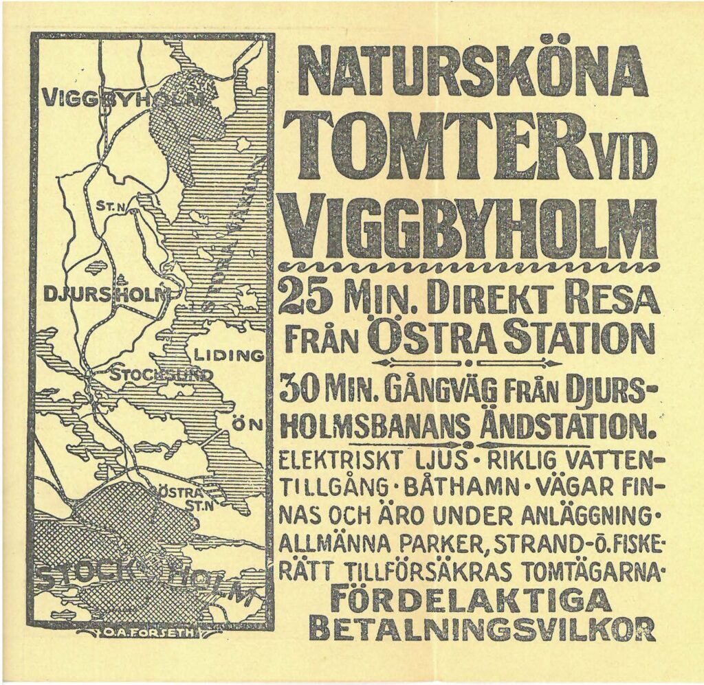 Reklam för att köpa tomter i Viggbyholm, Täby 1922