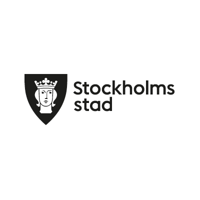 Svartvit logotyp för Stockholms stad med kommunvapnet St Erik