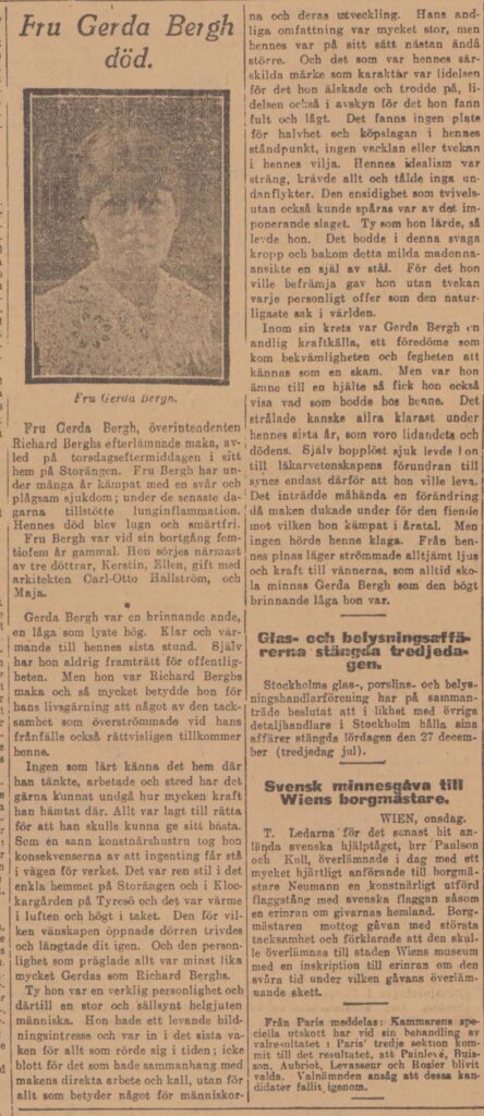 Tidningartikel på gulnat papper i två spalter. Överst i högra spalten ett portättfotografi av Gerda Berg.