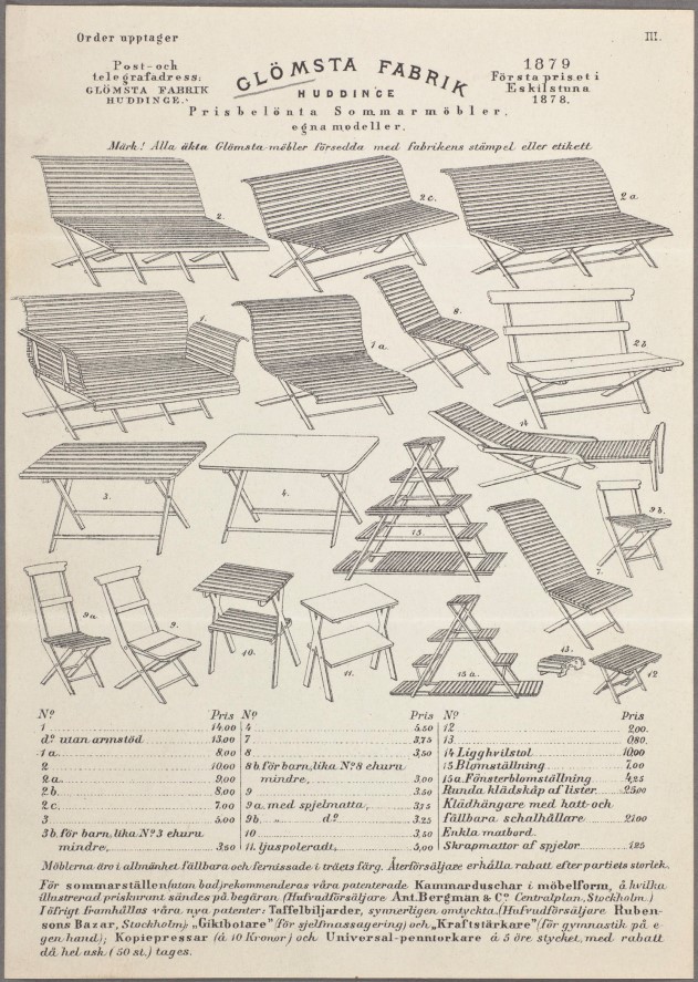 Under rubriken Glömsta fabrik syns många olika varianter av soffor, stolar och bord i trä. Underst en prislista och en förteckning av fler produkter som fabriken tillverkar.