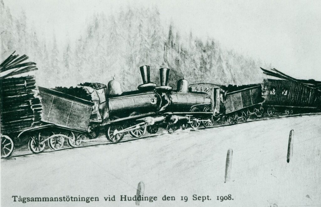 En teckning av två tåg som kolliderar på rälsen.