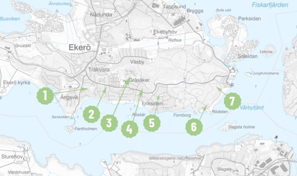 En karta där sju pilar med siffror visar platserna för handelsträdgårdarna längs Ekerös södra kust.