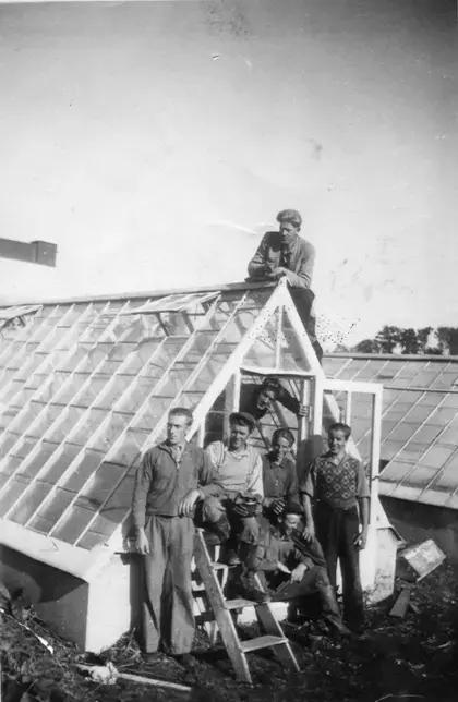 Ett svartvitt foto där fem 6 män trängs i öppningen av ett tältformat växthus. En sjunde är på taket.