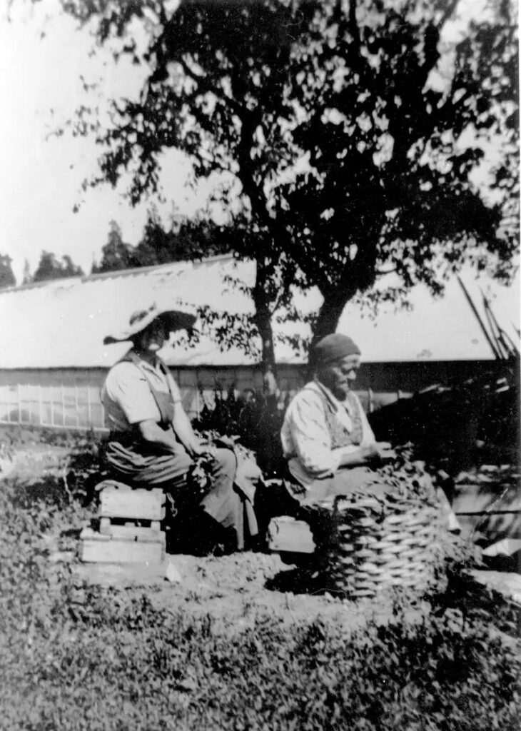 Två damer sitter framför ett stor växthus med en korg. Den ena bär en stor hatt och dan andra mössa på detta svartvita foto.