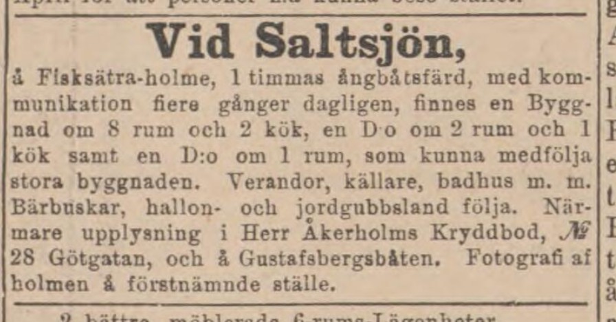 Annons med rubriken "Vid Saltsjön"